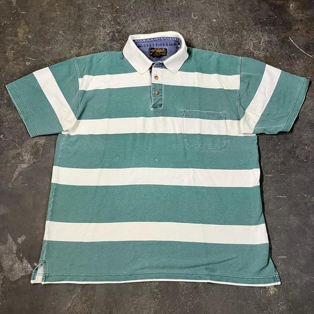 Eddie Bauer Mens Large Tall Green Striped Polo Shirt Vintage 2000s Cotton Pocket
